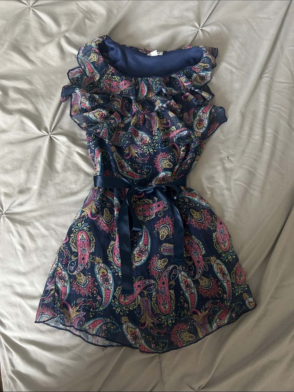 Disney Navy Paisley Ruffle Belted Dress with Pink & Gold Accents